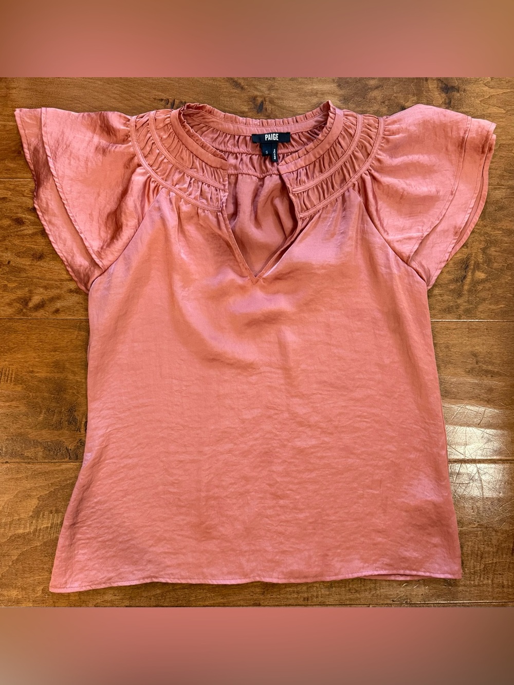 PAIGE Pink Terracotta Satin Finish Flutter Sleeve Top S